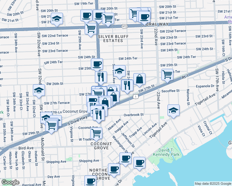 map of restaurants, bars, coffee shops, grocery stores, and more near 2450 Southwest 28th Lane in Miami