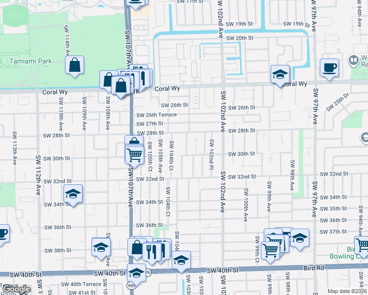 map of restaurants, bars, coffee shops, grocery stores, and more near 2910 Southwest 103rd Place in Miami