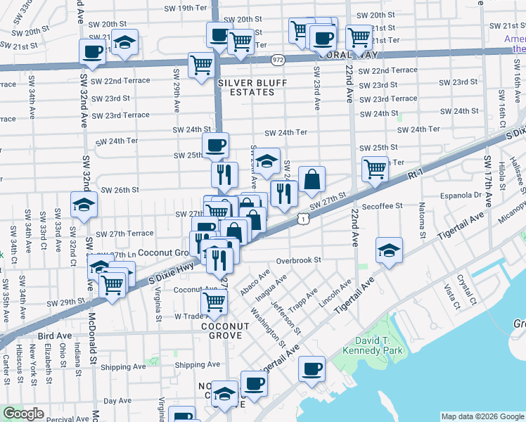 map of restaurants, bars, coffee shops, grocery stores, and more near 2450 Southwest 28th Lane in Miami