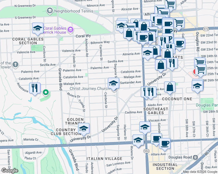 map of restaurants, bars, coffee shops, grocery stores, and more near 636 Anastasia Avenue in Coral Gables