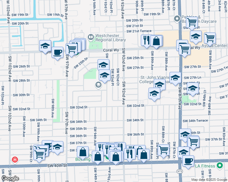map of restaurants, bars, coffee shops, grocery stores, and more near 3021 Southwest 92nd Court in Miami