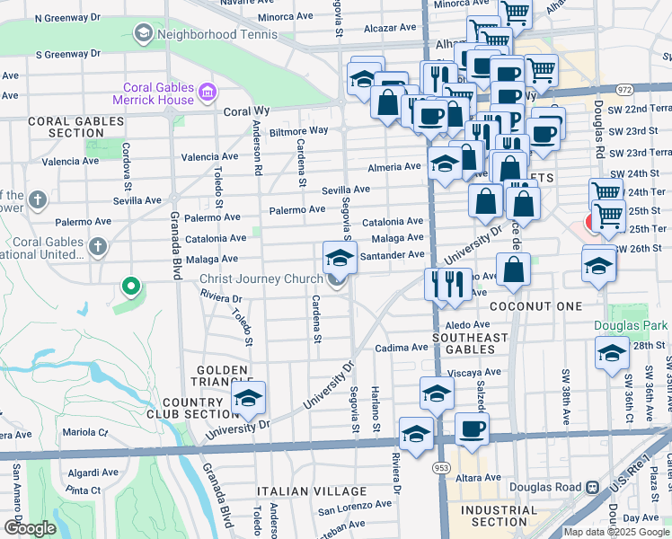 map of restaurants, bars, coffee shops, grocery stores, and more near 610 Anastasia Avenue in Coral Gables