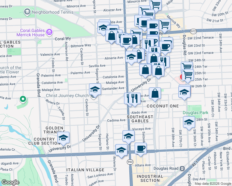 map of restaurants, bars, coffee shops, grocery stores, and more near 439 Anastasia Avenue in Coral Gables