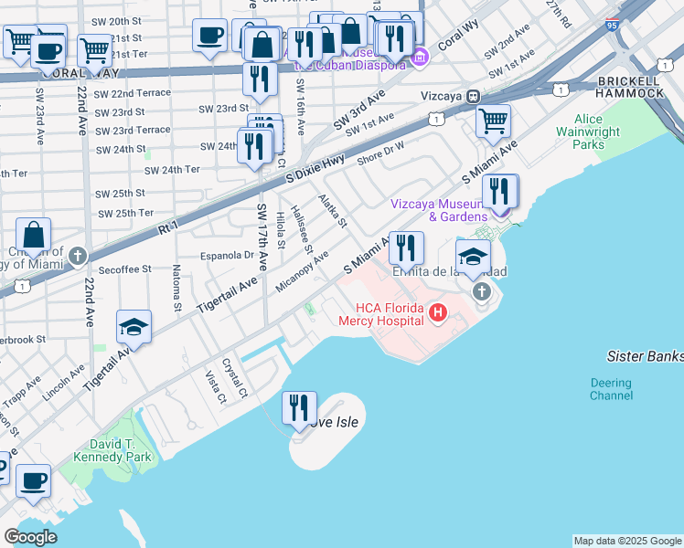 map of restaurants, bars, coffee shops, grocery stores, and more near 3659 South Miami Avenue in Miami