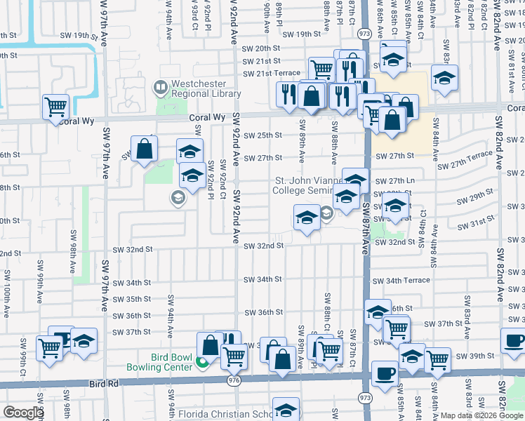 map of restaurants, bars, coffee shops, grocery stores, and more near 3000 Southwest 87th Avenue in Miami