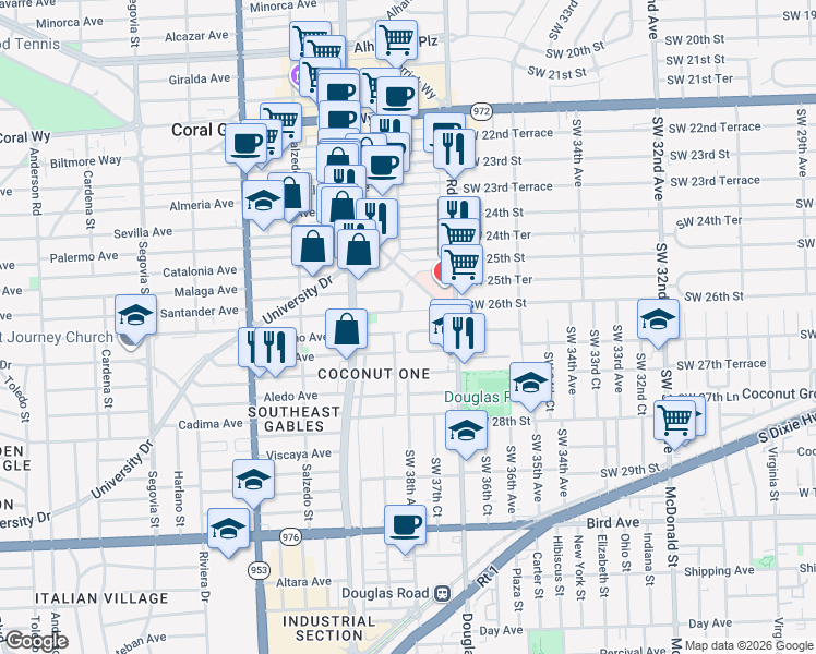 map of restaurants, bars, coffee shops, grocery stores, and more near 3783 Southwest 27th Street in Miami