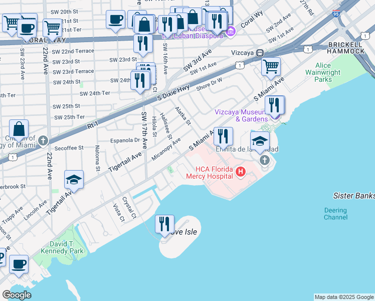 map of restaurants, bars, coffee shops, grocery stores, and more near 1610 South Miami Avenue in Miami