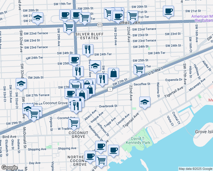 map of restaurants, bars, coffee shops, grocery stores, and more near 2370 South Dixie Highway in Miami
