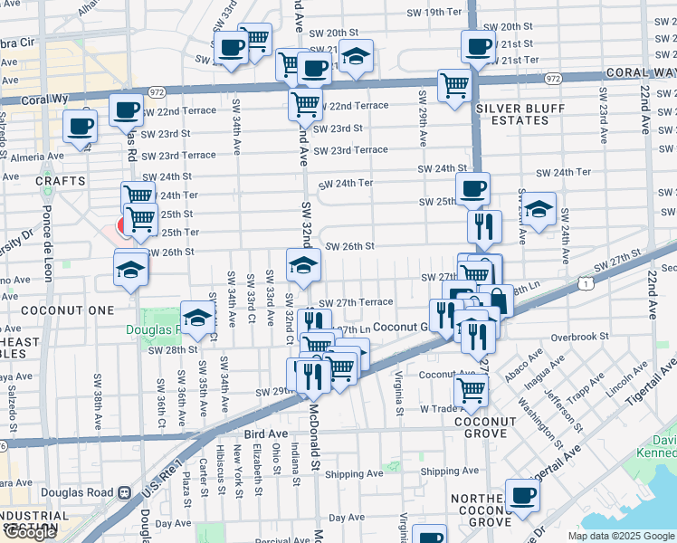 map of restaurants, bars, coffee shops, grocery stores, and more near 3110 Southwest 27th Street in Miami