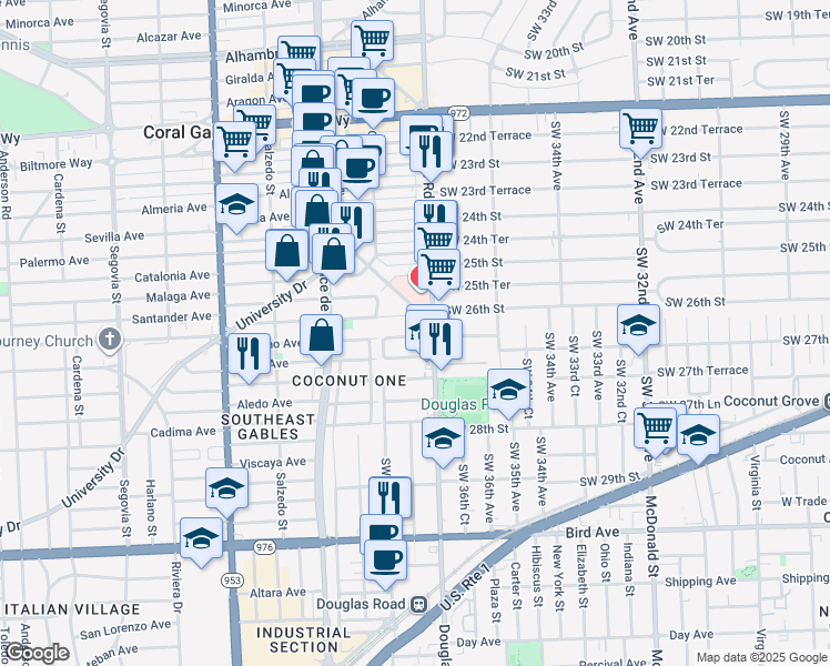 map of restaurants, bars, coffee shops, grocery stores, and more near 2660 Southwest 37th Avenue in Miami