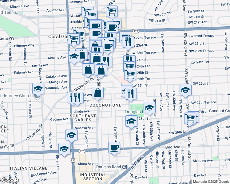 map of restaurants, bars, coffee shops, grocery stores, and more near 3783 Southwest 27th Street in Miami