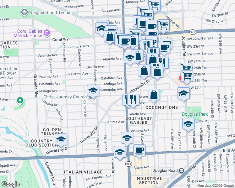 map of restaurants, bars, coffee shops, grocery stores, and more near 405 University Drive in Coral Gables
