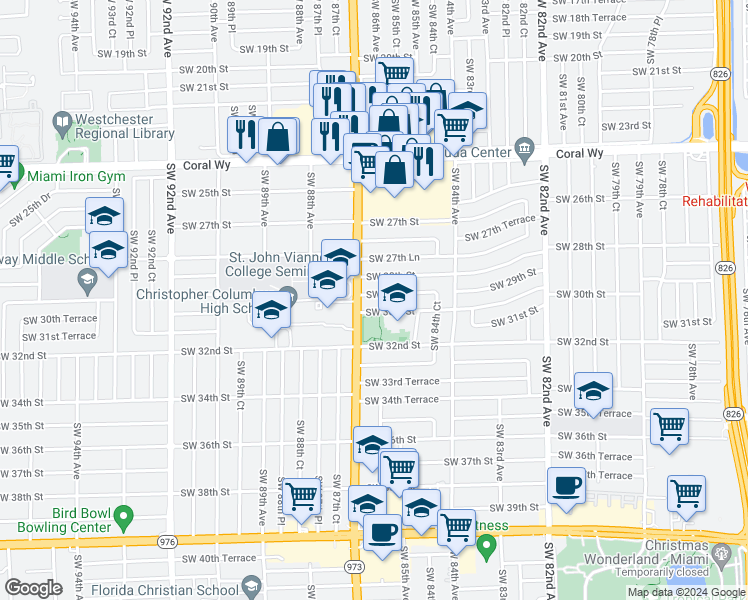 map of restaurants, bars, coffee shops, grocery stores, and more near 8675 Southwest 30th Street in Miami