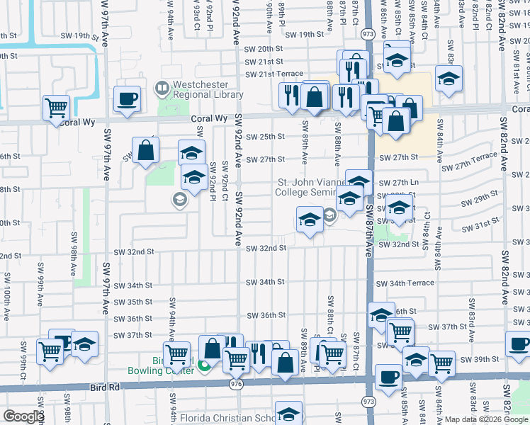 map of restaurants, bars, coffee shops, grocery stores, and more near 3000 Southwest 87th Avenue in Miami