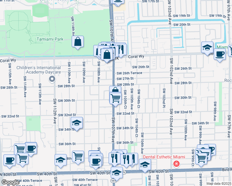 map of restaurants, bars, coffee shops, grocery stores, and more near 2930 Southwest 106th Avenue in Miami