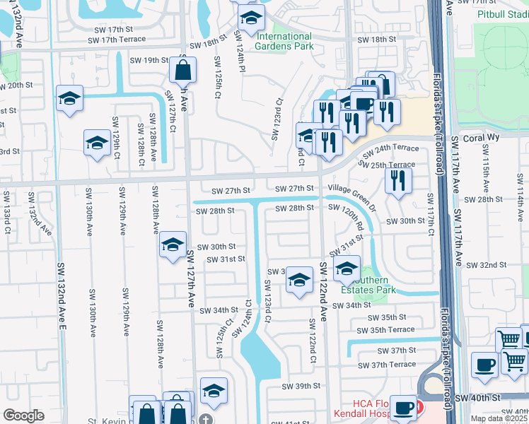 map of restaurants, bars, coffee shops, grocery stores, and more near 2860 Southwest 123rd Court in Miami