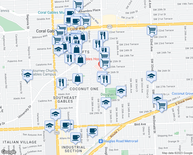 map of restaurants, bars, coffee shops, grocery stores, and more near 3753 Southwest 26th Terrace in Miami