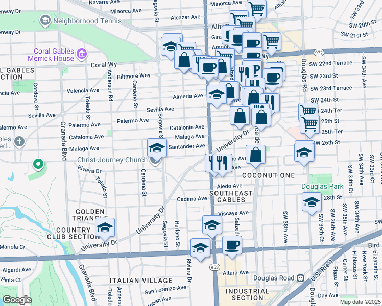 map of restaurants, bars, coffee shops, grocery stores, and more near 447 Anastasia Avenue in Coral Gables