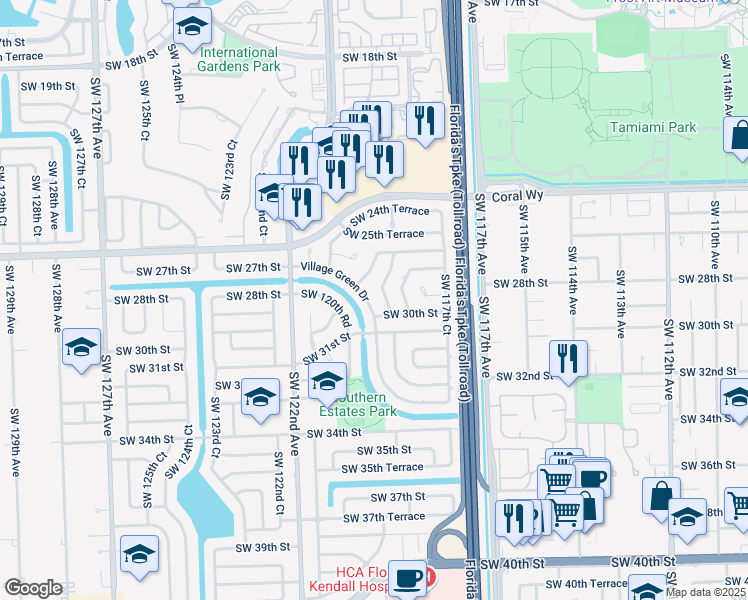 map of restaurants, bars, coffee shops, grocery stores, and more near 11870 Southwest 30th Street in Miami