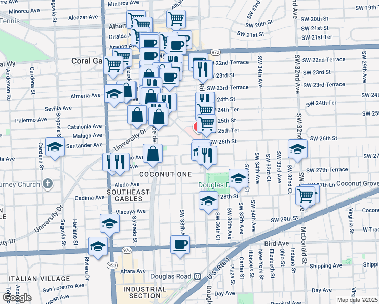 map of restaurants, bars, coffee shops, grocery stores, and more near 3751 Southwest 26th Terrace in Miami