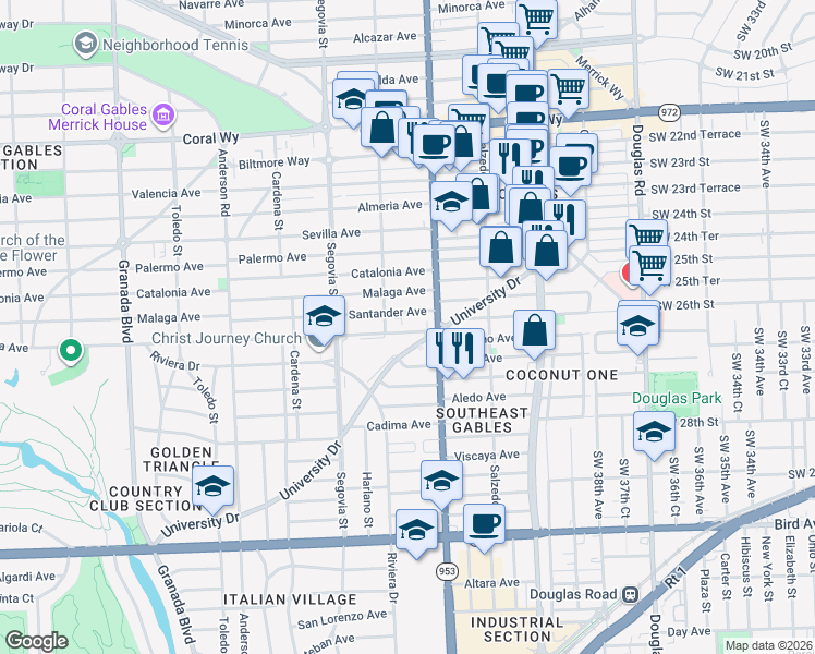map of restaurants, bars, coffee shops, grocery stores, and more near 405 University Drive in Coral Gables
