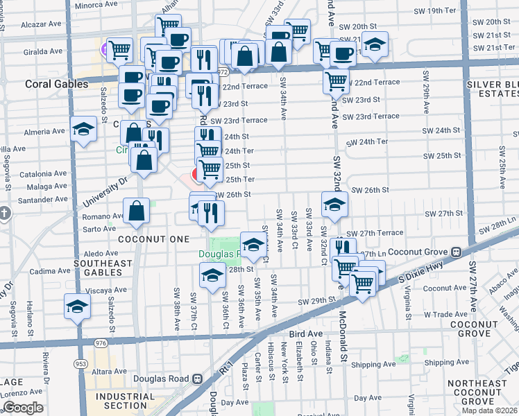 map of restaurants, bars, coffee shops, grocery stores, and more near 3554 Southwest 26th Street in Miami