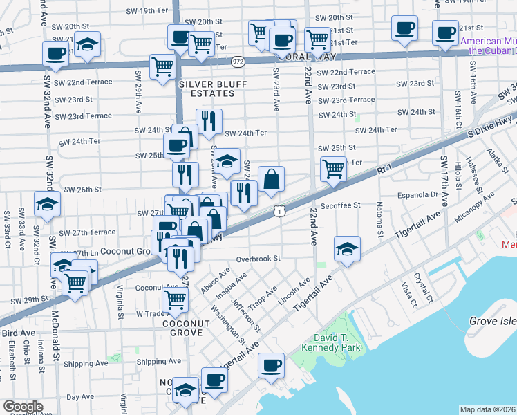 map of restaurants, bars, coffee shops, grocery stores, and more near 2375 Southwest 26th Lane in Miami