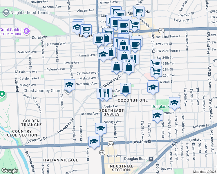 map of restaurants, bars, coffee shops, grocery stores, and more near 3133 Salzedo Street in Coral Gables