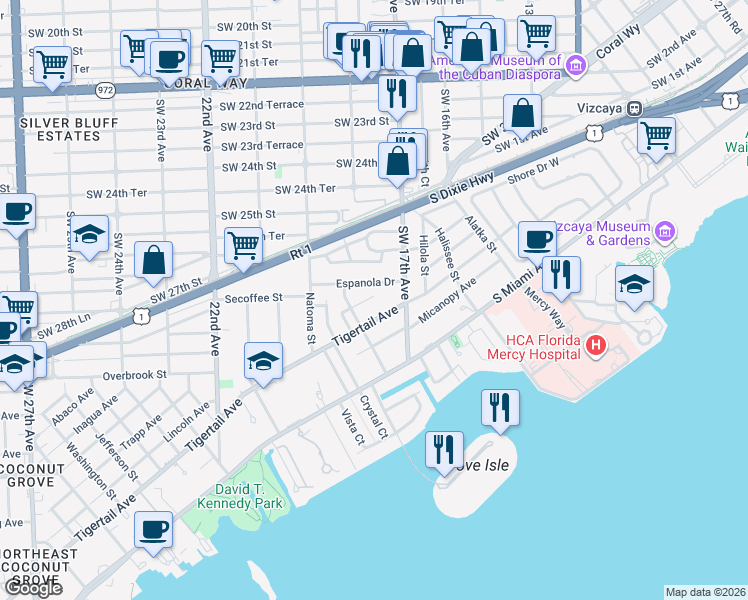 map of restaurants, bars, coffee shops, grocery stores, and more near 1741 Espanola Drive in Miami