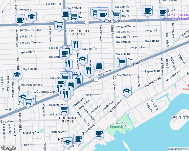 map of restaurants, bars, coffee shops, grocery stores, and more near 2375 Southwest 26th Lane in Miami