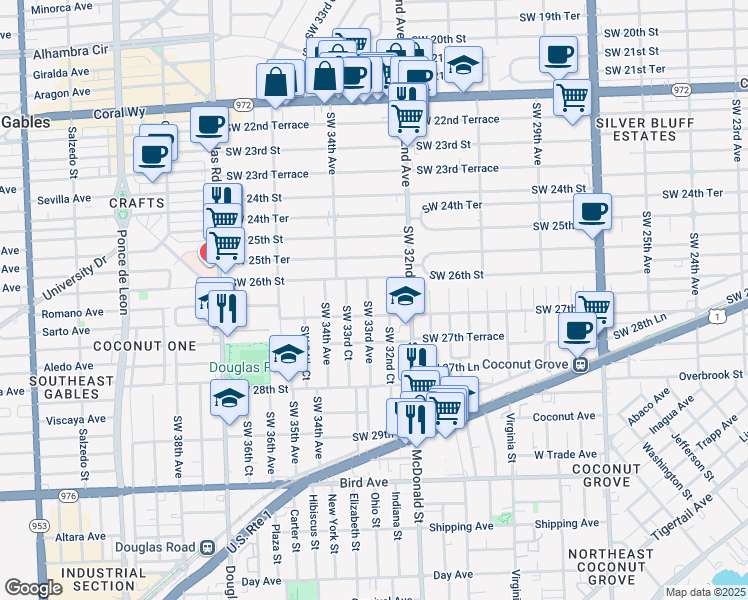 map of restaurants, bars, coffee shops, grocery stores, and more near 2621 Southwest 32nd Court in Miami