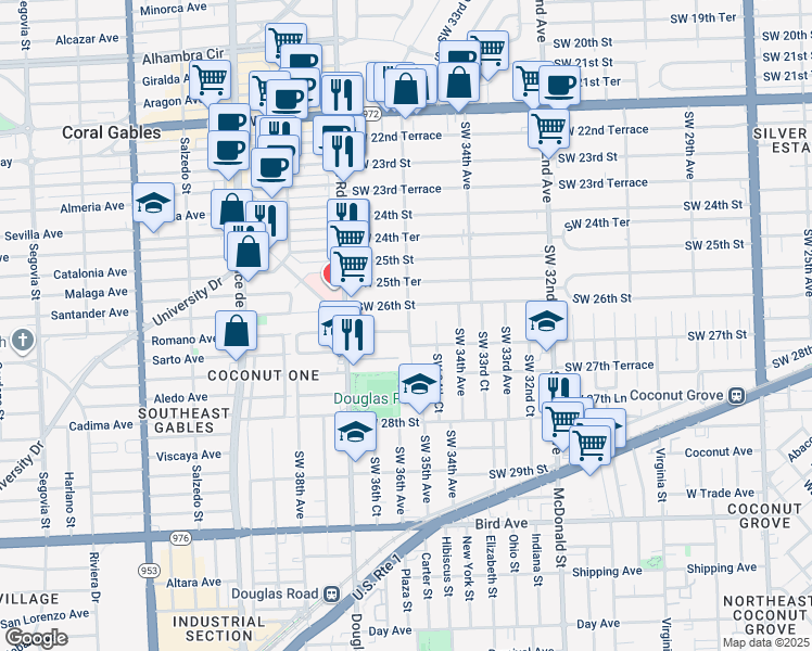 map of restaurants, bars, coffee shops, grocery stores, and more near 3554 Southwest 26th Street in Miami