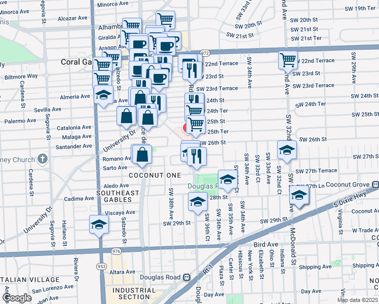 map of restaurants, bars, coffee shops, grocery stores, and more near in Coral Gables
