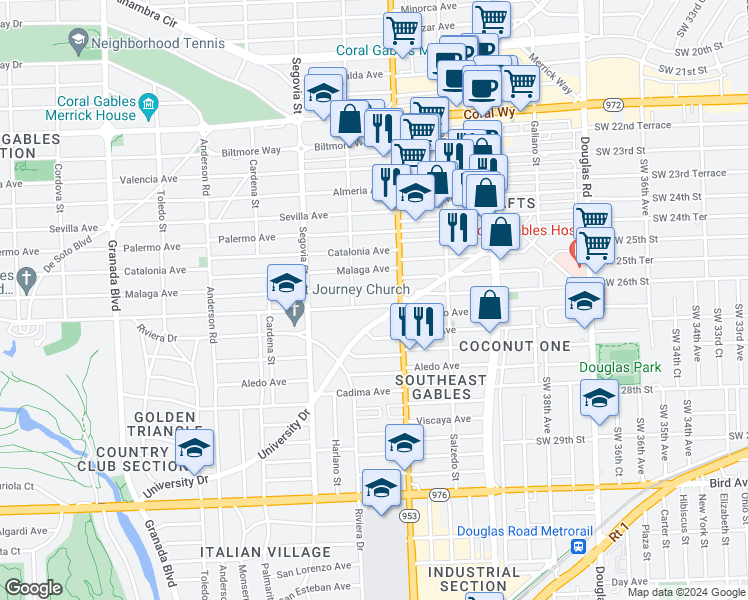 map of restaurants, bars, coffee shops, grocery stores, and more near 427 Santander Avenue in Coral Gables