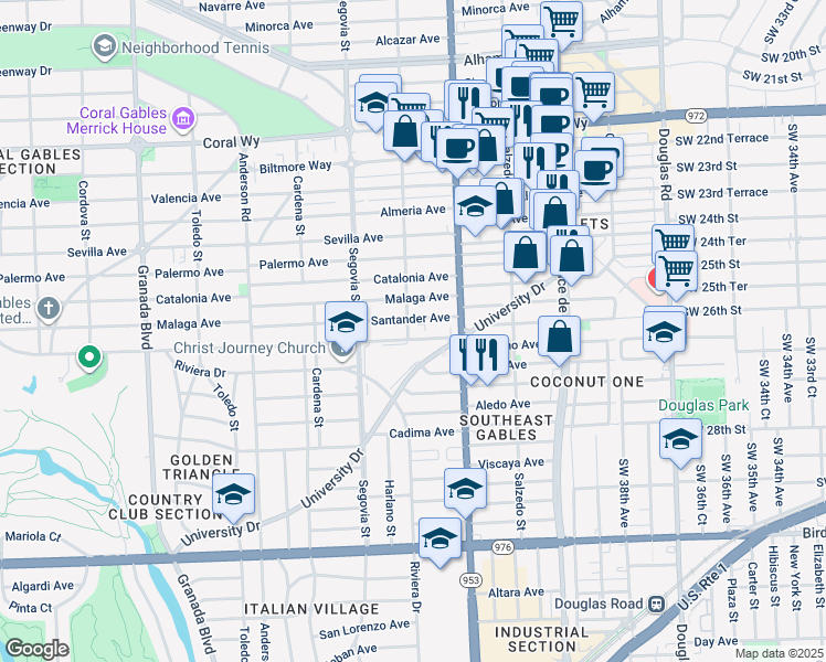 map of restaurants, bars, coffee shops, grocery stores, and more near 511 Santander Avenue in Coral Gables