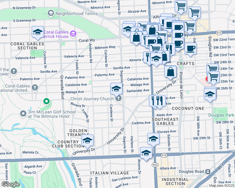 map of restaurants, bars, coffee shops, grocery stores, and more near in Coral Gables
