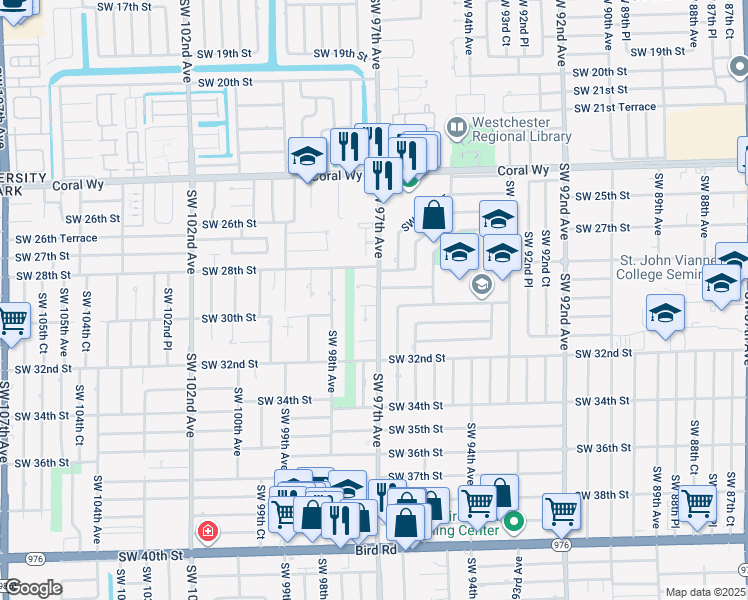 map of restaurants, bars, coffee shops, grocery stores, and more near 9701 Southwest 29th Street in Miami