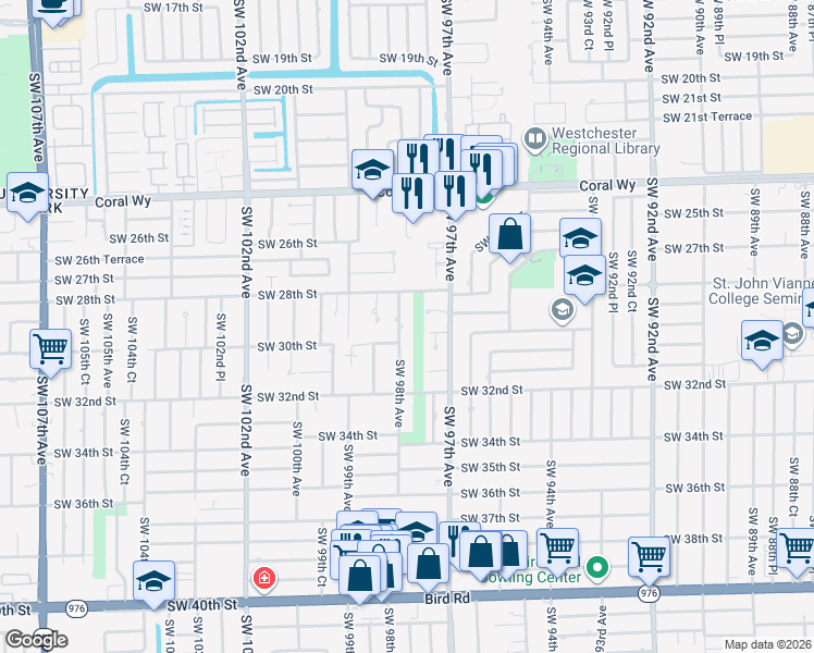 map of restaurants, bars, coffee shops, grocery stores, and more near 2825 Southwest 98th Avenue in Miami