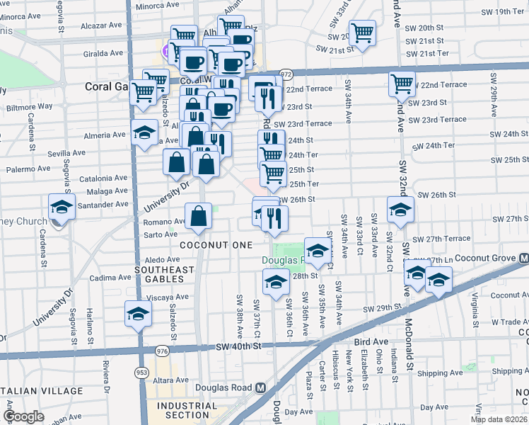 map of restaurants, bars, coffee shops, grocery stores, and more near in Coral Gables