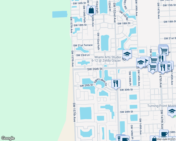 map of restaurants, bars, coffee shops, grocery stores, and more near 15438 Southwest 25th Terrace in Miami
