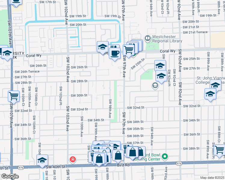 map of restaurants, bars, coffee shops, grocery stores, and more near 2825 Southwest 98th Avenue in Miami