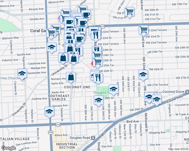 map of restaurants, bars, coffee shops, grocery stores, and more near 2650 Southwest 37th Avenue in Miami