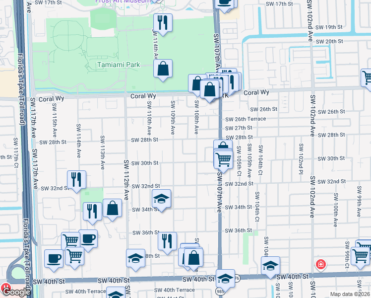 map of restaurants, bars, coffee shops, grocery stores, and more near 2801 Southwest 109th Avenue in Miami