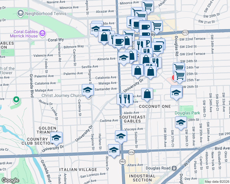 map of restaurants, bars, coffee shops, grocery stores, and more near 411 Anastasia Avenue in Coral Gables