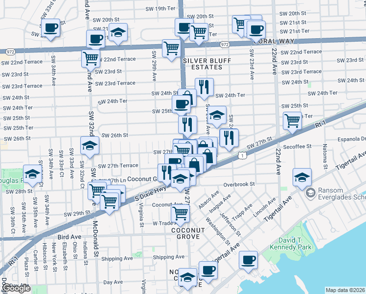 map of restaurants, bars, coffee shops, grocery stores, and more near 2635 Southwest 27th Avenue in Miami