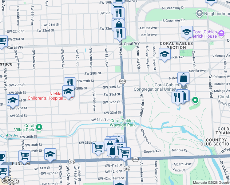 map of restaurants, bars, coffee shops, grocery stores, and more near 5722 Southwest 30th Street in Miami