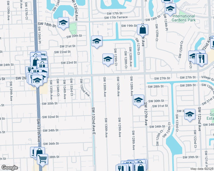 map of restaurants, bars, coffee shops, grocery stores, and more near 12982 Southwest 27th Street in Miami