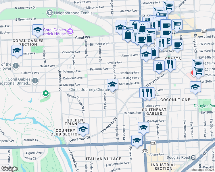 map of restaurants, bars, coffee shops, grocery stores, and more near 628 Santander Avenue in Coral Gables