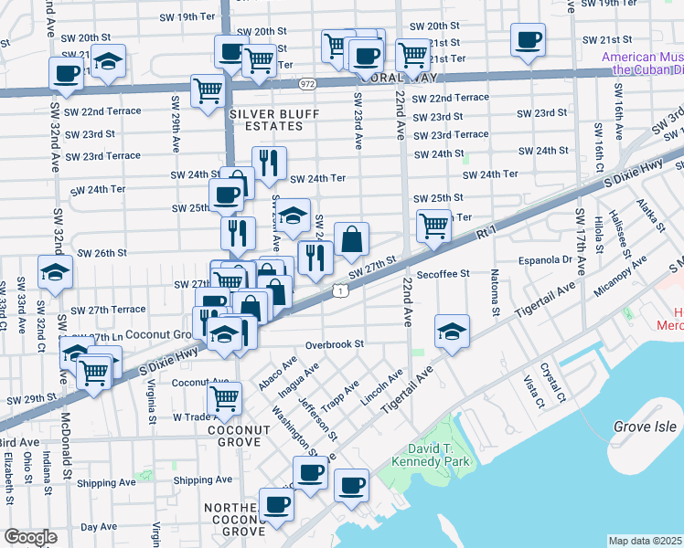 map of restaurants, bars, coffee shops, grocery stores, and more near 2375 Southwest 26th Lane in Miami
