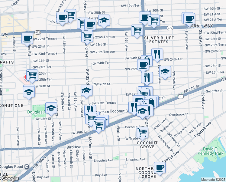map of restaurants, bars, coffee shops, grocery stores, and more near 3024 Southwest 26th Street in Miami